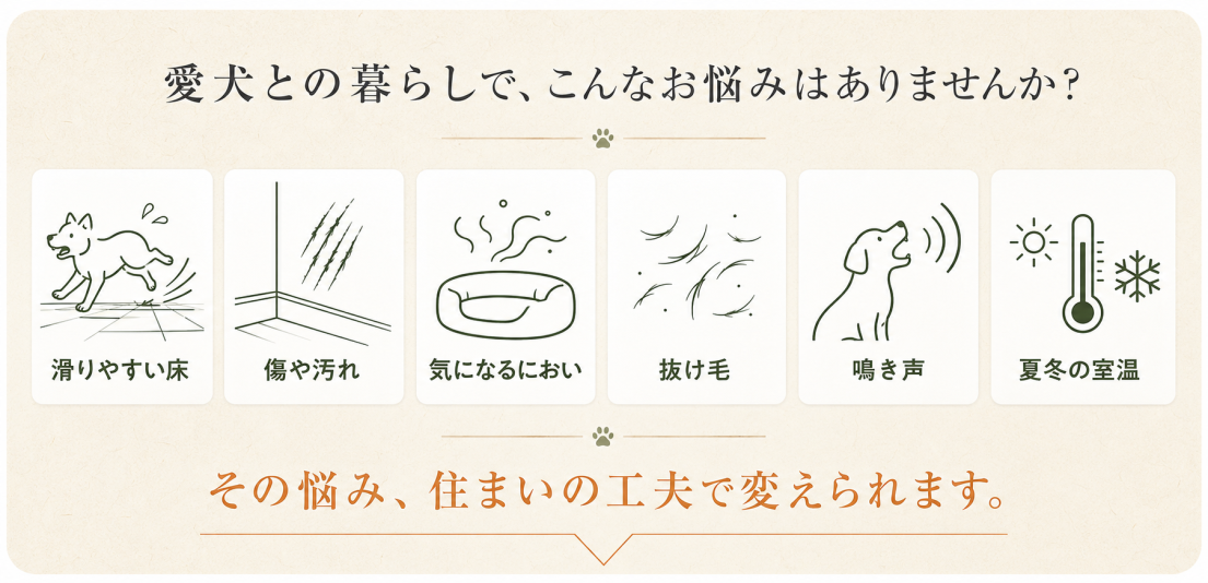 滑りやすい床、傷や汚れ、におい、抜け毛、鳴き声、室温など、愛犬との住まいの悩み