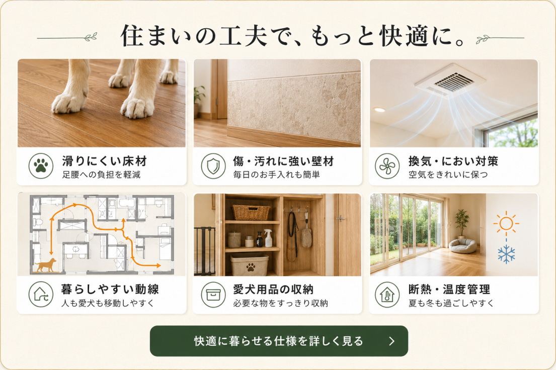 滑りにくい床、傷や汚れ対策、消臭・換気、防音、温度管理など、愛犬と快適に暮らす住宅の工夫