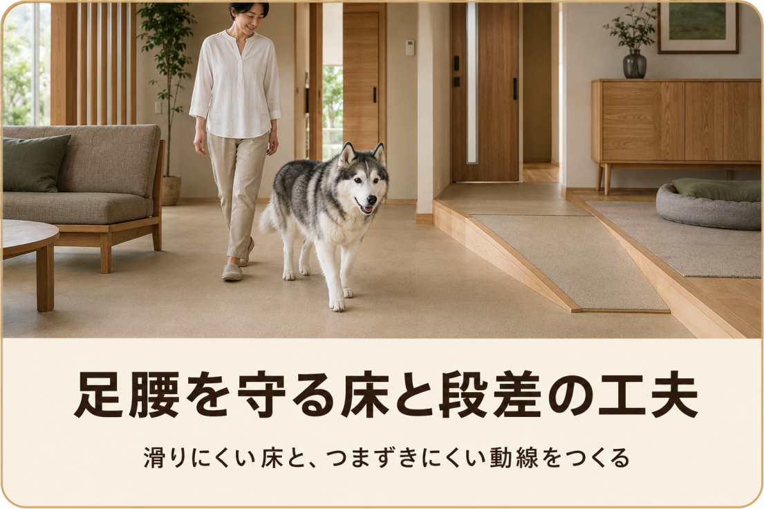 高齢犬の足腰を守る滑りにくい床と段差を抑えた住まい