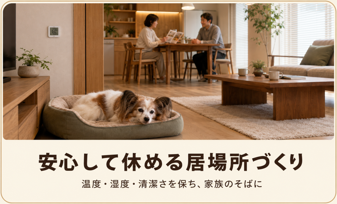 高齢犬が家族のそばで安心して休める温度・湿度・清潔さに配慮した居場所
