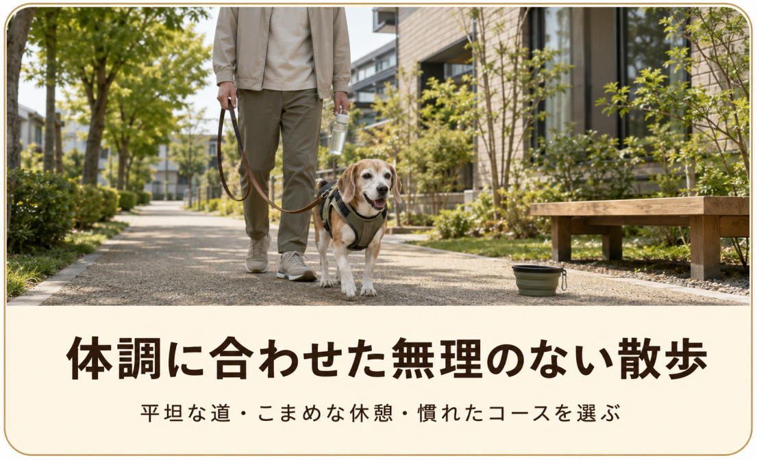 高齢犬の体調に合わせて平坦な道を無理なく散歩する様子