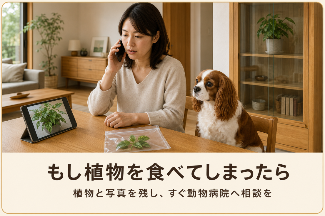 犬が植物を食べた可能性があるとき写真と植物を残して動物病院へ相談する飼い主