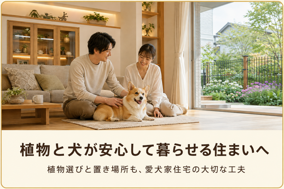 植物の置き場所を工夫した愛犬家住宅で家族と安心して暮らすコーギー