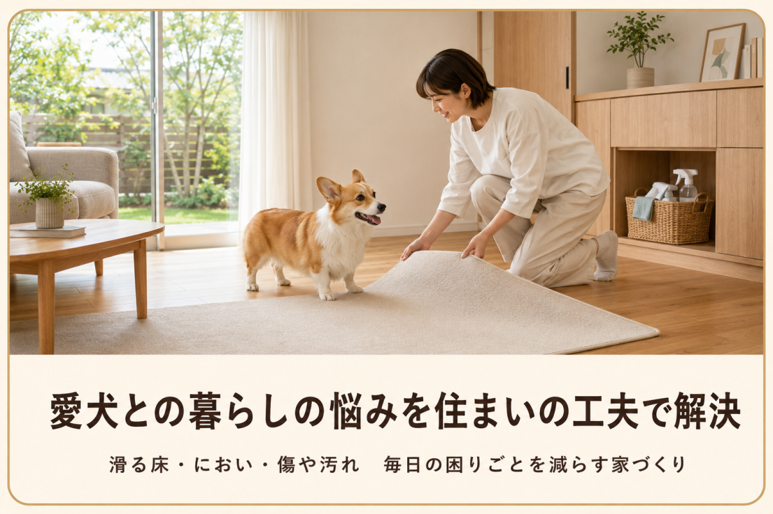 滑りにくいラグを敷き愛犬との暮らしの悩みを住まいの工夫で解決する愛犬家住宅