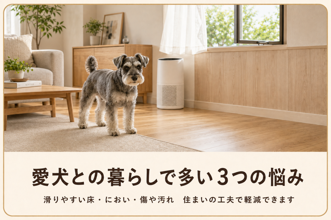 滑りやすい床とにおいと傷や汚れへの対策を取り入れた愛犬家住宅とミニチュアシュナウザー