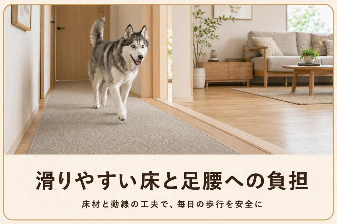 滑りにくいマットを敷いた廊下を歩くシベリアンハスキーと段差の少ない愛犬家住宅