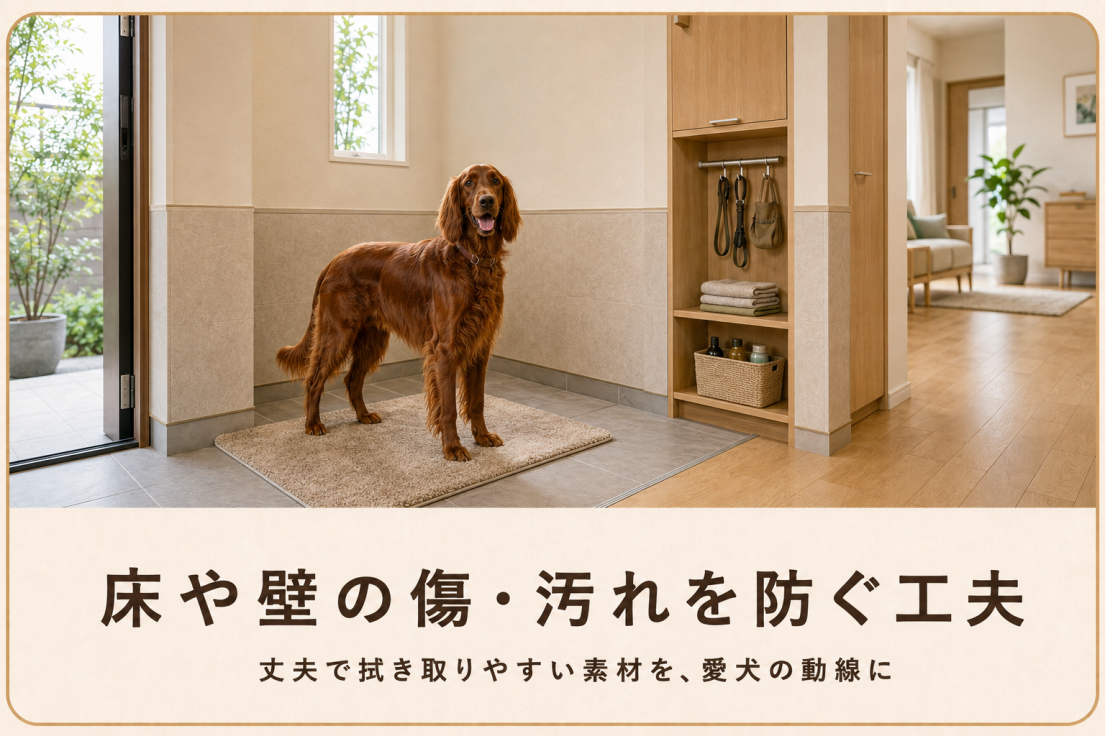 傷や汚れに強い床と腰壁を採用した玄関で暮らすアイリッシュセター