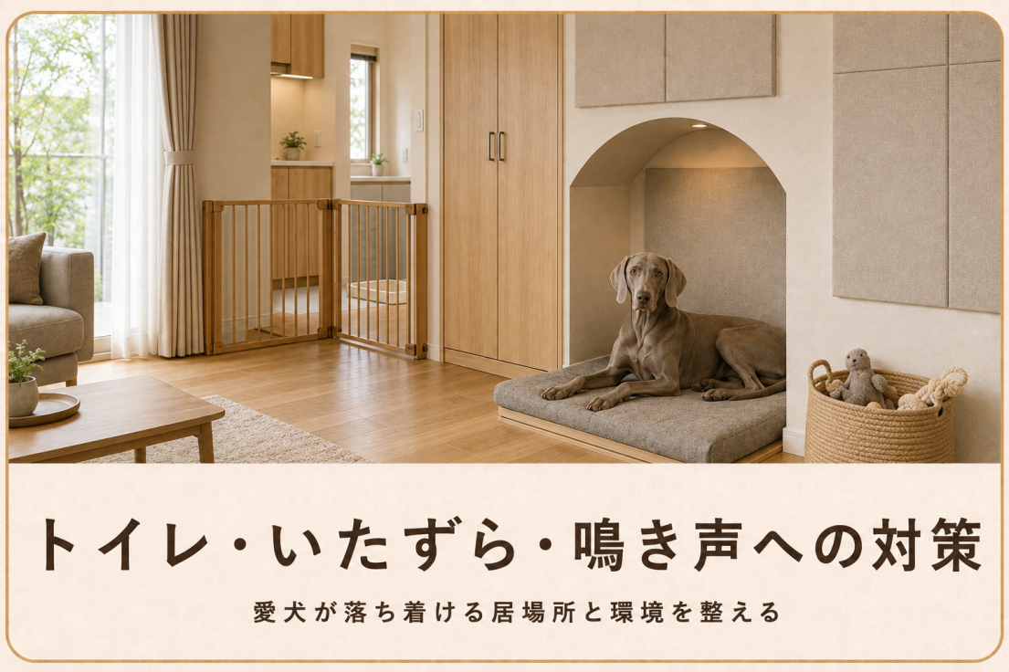 専用の居場所とペットゲートと収納を設けた室内でくつろぐワイマラナー