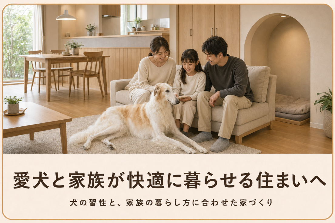 滑りにくい床と専用の居場所を設けた愛犬家住宅で家族とくつろぐボルゾイ