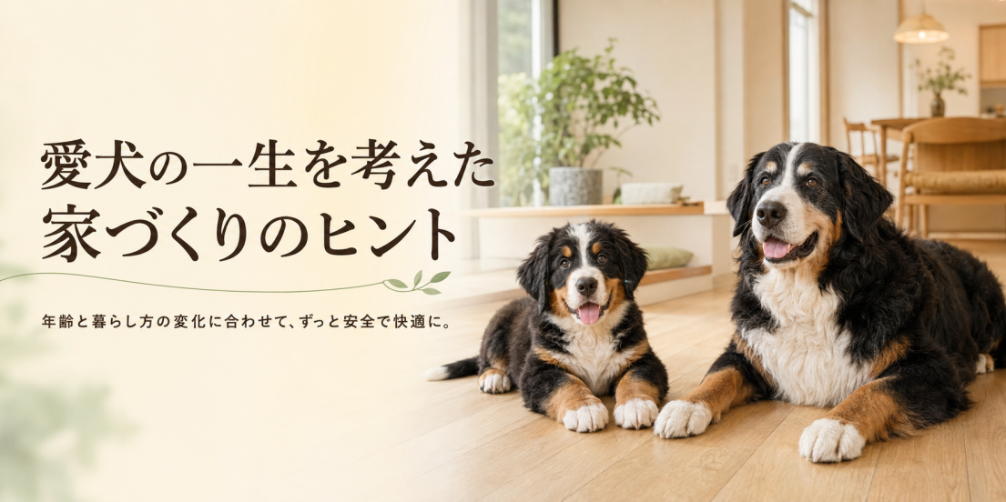 明るい室内で寄り添う子犬とシニアのバーニーズ・マウンテン・ドッグ