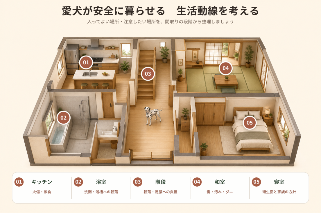 キッチン・浴室・階段・和室・寝室の注意点を示した愛犬家住宅の間取り図