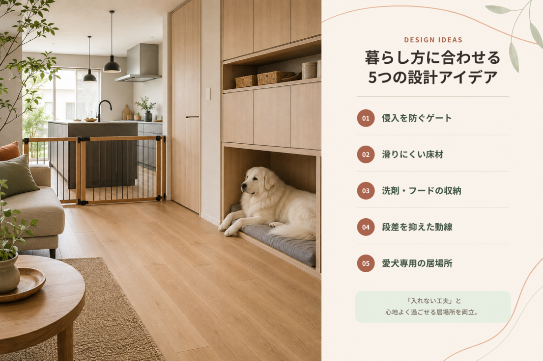 グレート・ピレニーズと暮らす室内にペットゲートや滑りにくい床、専用スペースを設けた愛犬家住宅