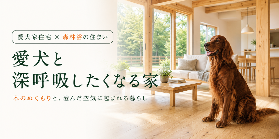 木のぬくもりのある明るいリビングで過ごすアイリッシュ・セターと愛犬家森林浴の住まい