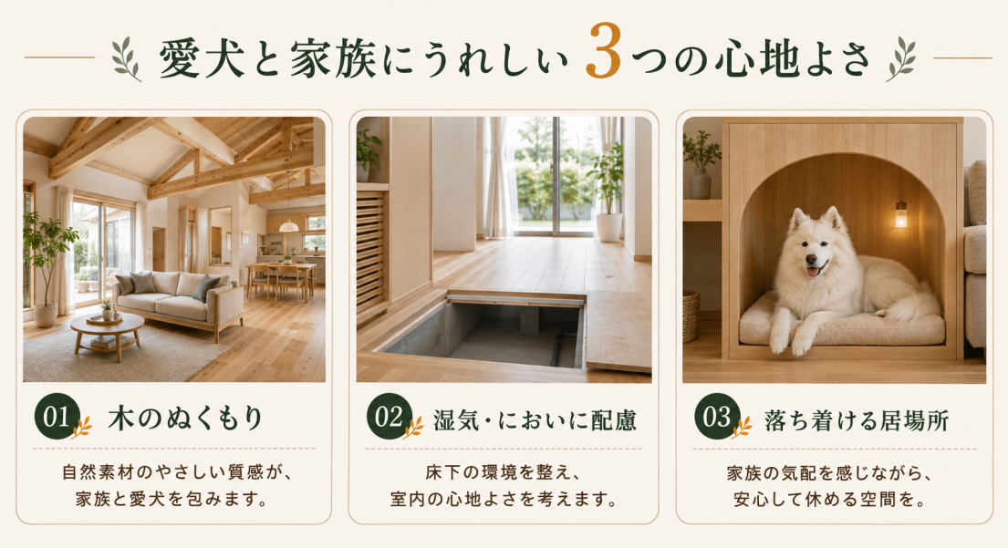 木のぬくもり・湿気やにおいへの配慮・愛犬が落ち着ける居場所を紹介する森林浴の住まいの3つの特徴