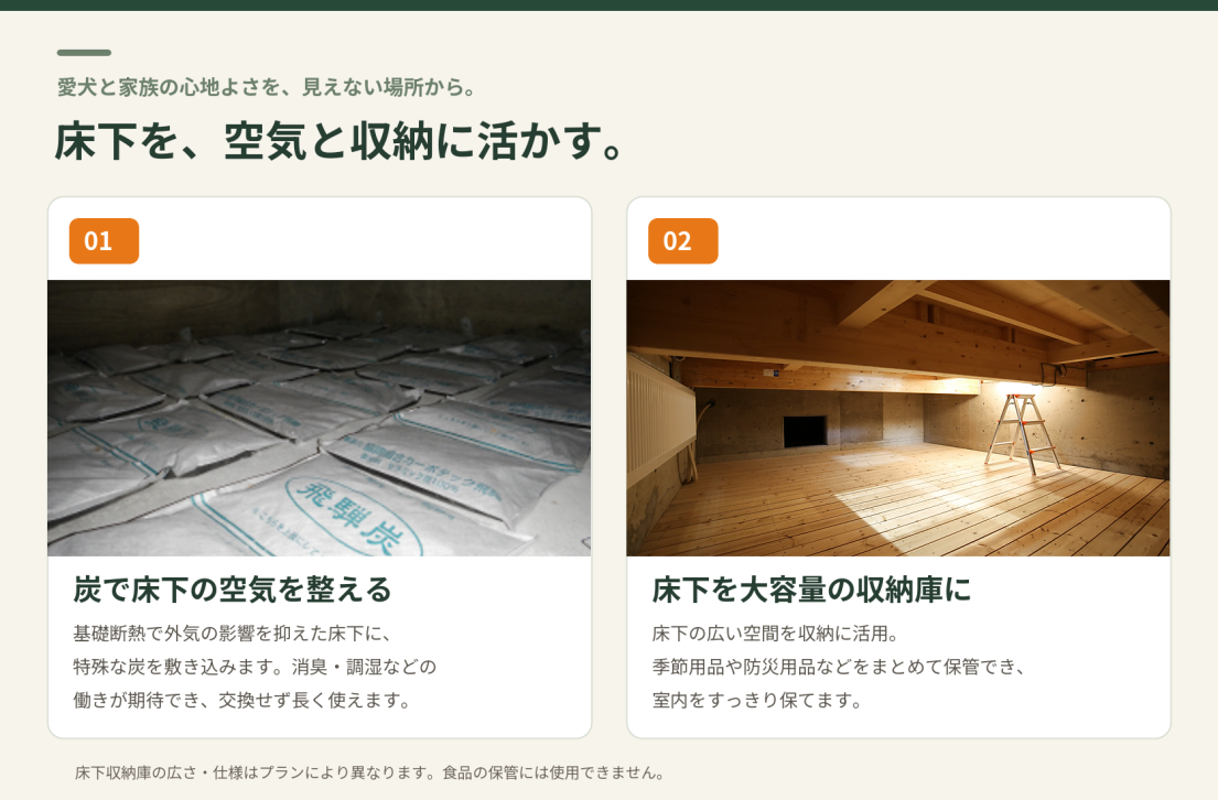 特殊な炭を敷き込んだ床下と大容量の床下収納庫