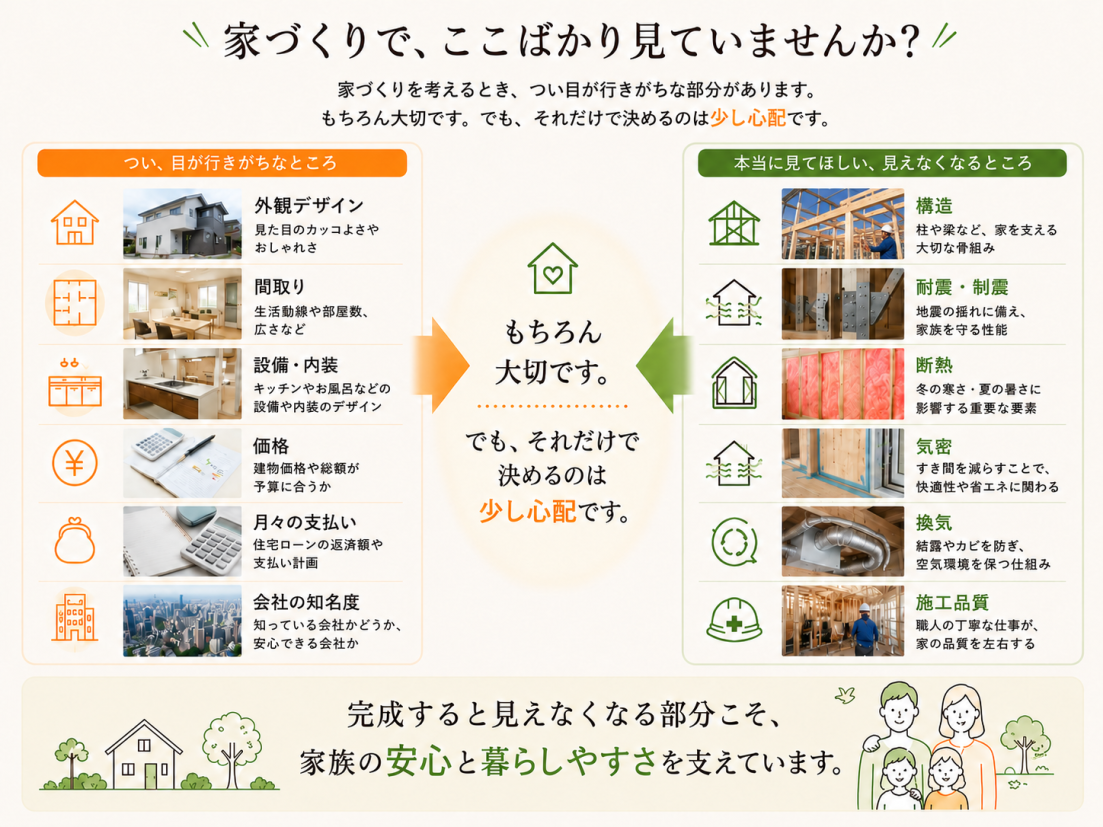 住宅選びで外観デザインや価格だけでなく、構造・耐震・断熱・気密・換気・施工品質を確認する重要性を解説した