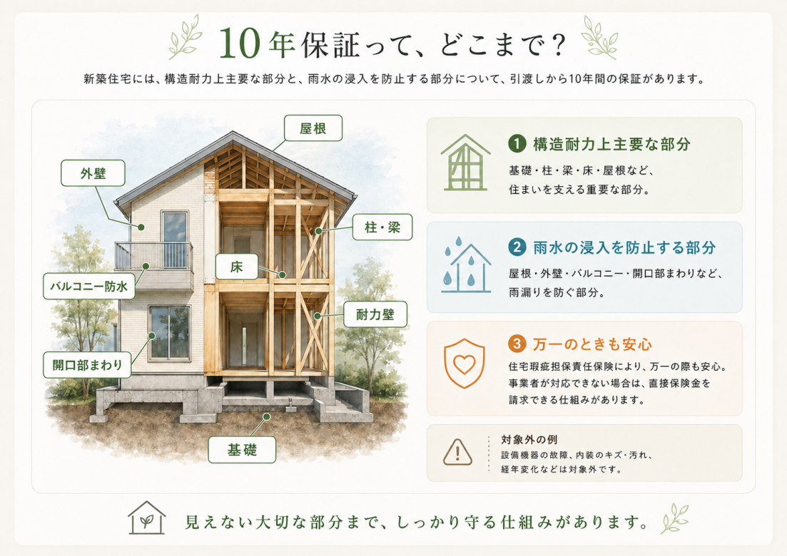 新築住宅の10年保証対象となる構造耐力上主要な部分と雨水の侵入を防止する部分の図解