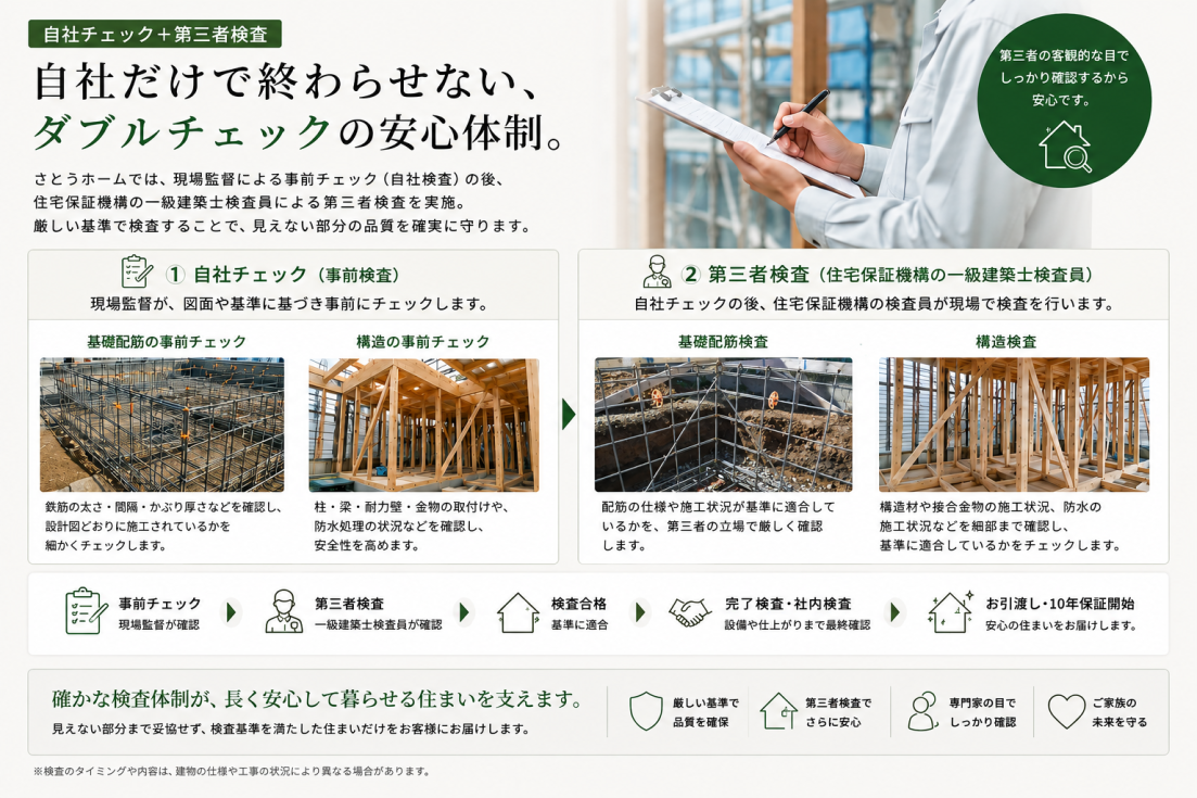 さとうホームの自社チェックと住宅保証機構の一級建築士検査員による第三者検査のダブルチェック体制
