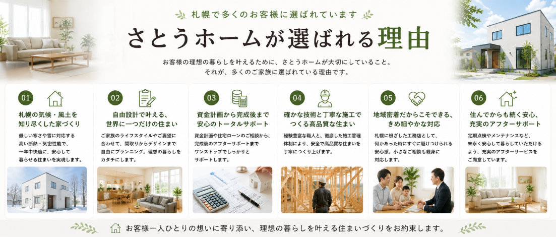 札幌の工務店さとうホームによる注文住宅の全体的な流れを紹介。資料請求から完成・アフターサポートまでをわかりやすく案内