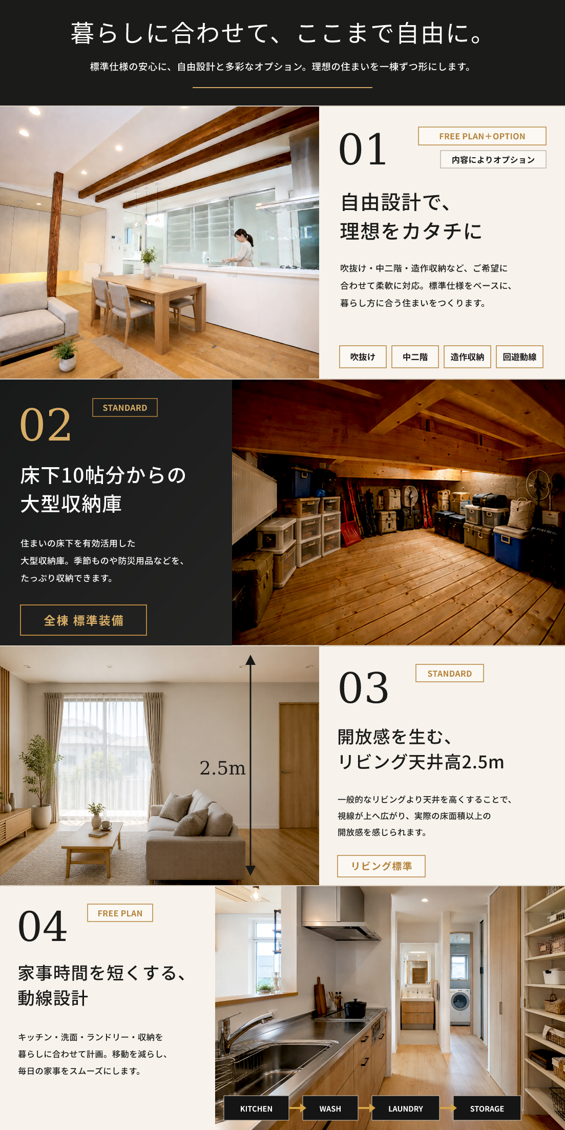 S-styleの工夫｜自由設計・大型床下収納庫・リビング天井高2.5m・家事動線