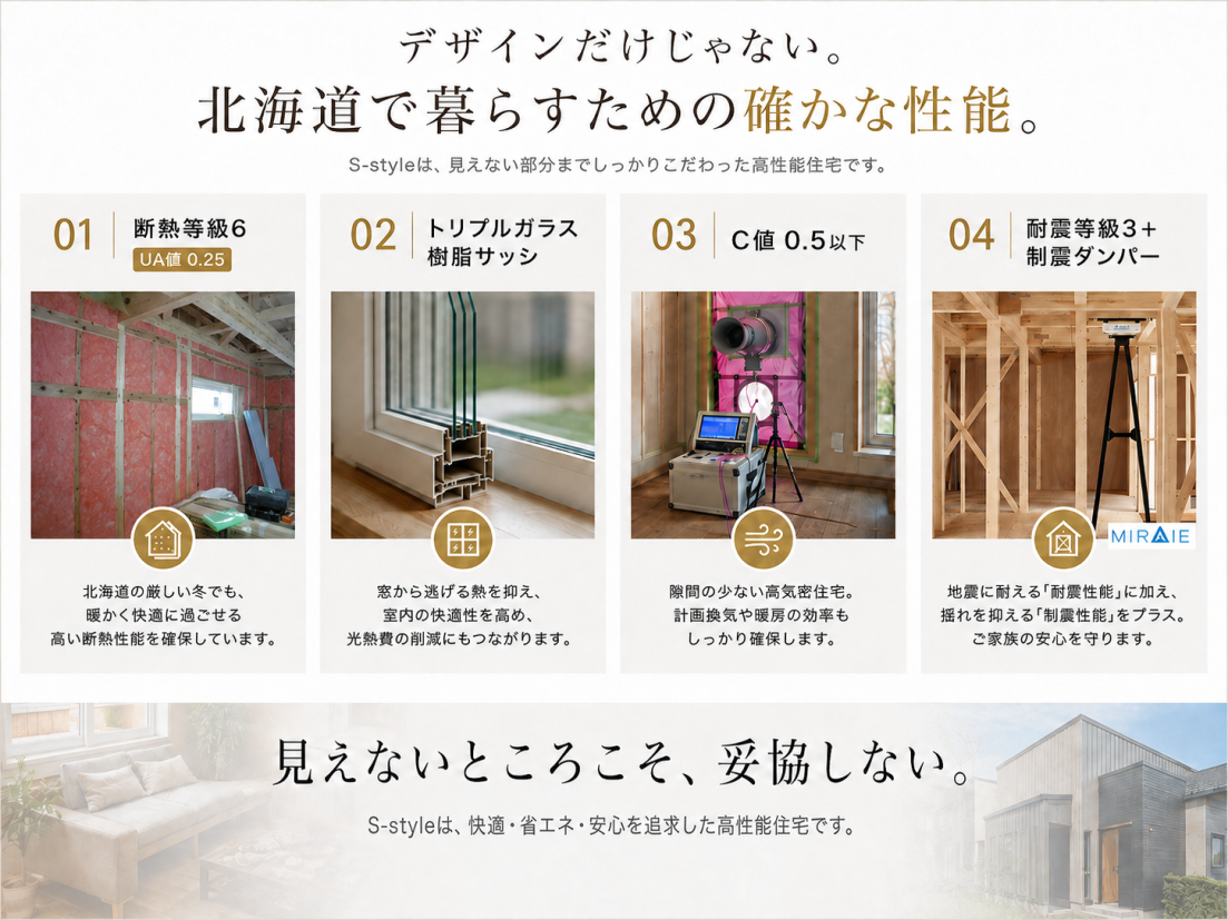 S-styleの標準性能｜断熱等級6・トリプルガラス樹脂サッシ・C値0.5以下・耐震等級3