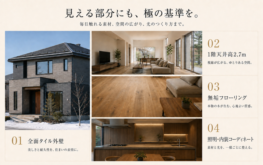 目に映るものすべてに理由がある。全面タイル外壁・天井高2.7m・無垢床の上質な住まい